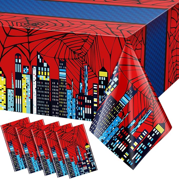 Oudain 5 Pcs Spider Tablecloth 108 x 54 in Red and Blue Plastic Disposable Table Covers City Web Theme Birthday Party Decorations Large Table Cloths for Party Indoor Outdoor (Classic)-Ruum Studio Home