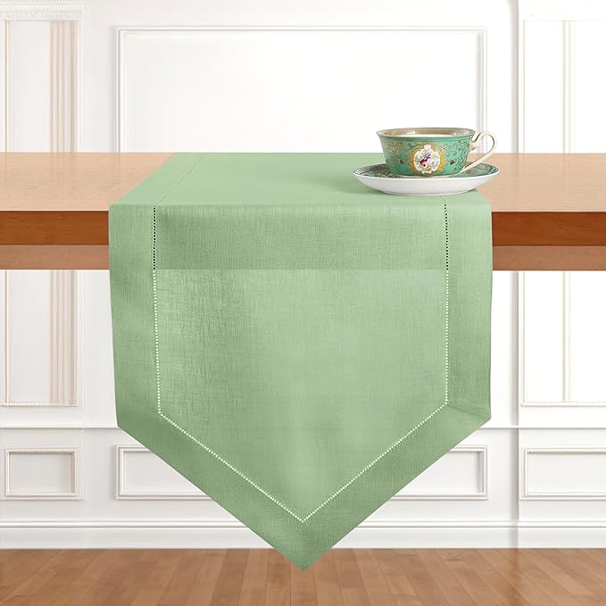 D'Moksha Homes Sage Green Linen Table Runner 120 Inches Long - 100% Pure Linen Diamond Table Runner 14 x 120 Inch for Dining, Fall and Halloween - Machine Washable-Ruum Studio Home