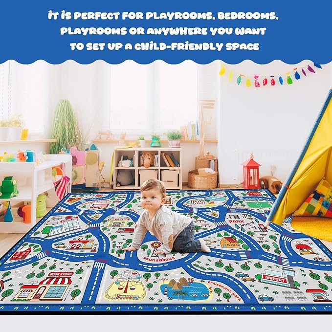 Kids Carpet Playmat Rug Player Car Rug,City Life Traffic Road Map Mat Educational Game Area Rug for Toddler Children Playroom Classroom Bedroom (Blue,6 x 9 ft)-Ruum Studio Home