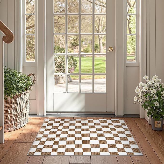 jinchan 2x3 Kids Area Rug Washable Indoor Entryway Doormat Modern Checkered Geometric Lattice Small Rug Non Slip Soft Carpet for Nursery Room Bedroom Bathroom Home Brown-Ruum Studio Home