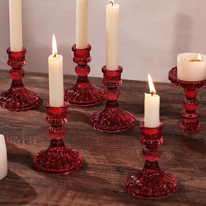 12PCS Red Candlestick Holders Set- 4" H Taper Candle Holders, Glass Candle Holders Bulk for Activities, Party, Home Table Centerpieces, Festival Gifts & Windowsill Decor-Ruum Studio Home