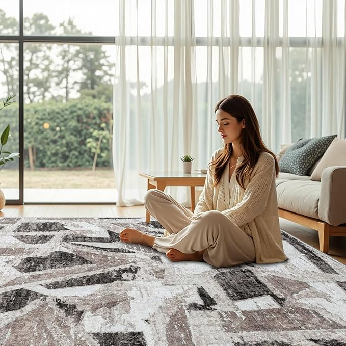 Modern Abstract 8X10 Area Rug for Living Room Bedroom Washable, with Non-Slip Rubber Backing Print Faux Wool Thin, Grey Throw Large Carpet for Kids Playroom Dining Room Pet & Child Friendly-Ruum Studio Home
