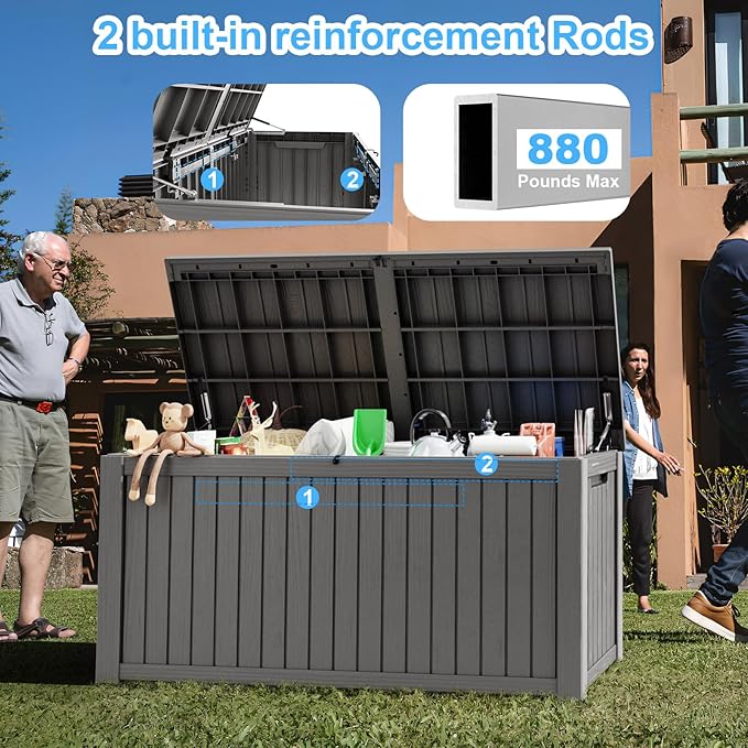 180 Gallon Deck Box,Resin Outdoor Storage Box with Lockable for Patio Furniture, Pool Accessories, Garden Tools Waterproof Outside Storage Box, Grey-Ruum Studio Home