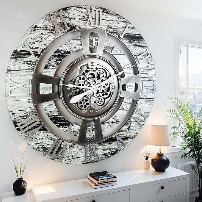 The Gears Clock Real Moving Gear Wall Clock England Line (Grey & White, 36 inches (90 cm))-Ruum Studio Home