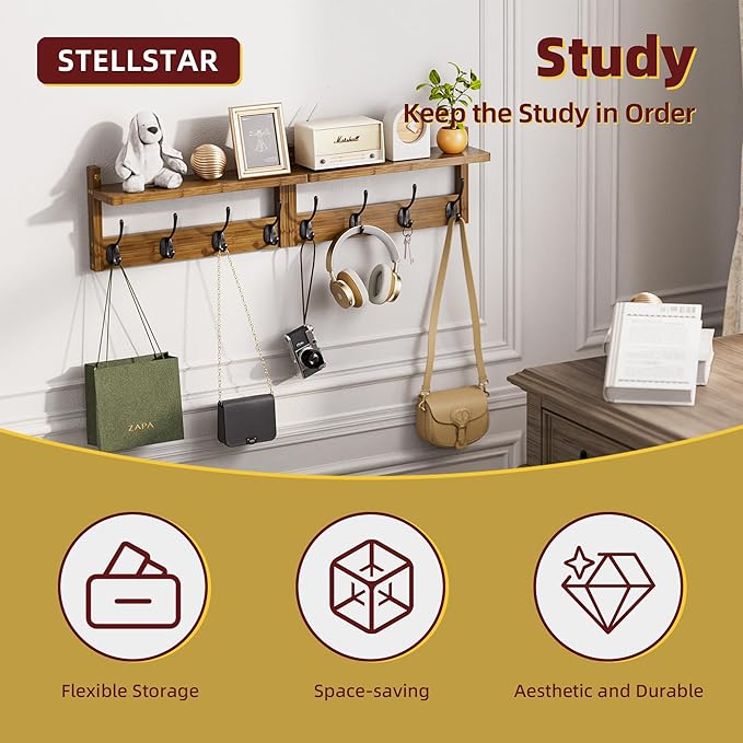 Coat Rack with Shelf Wall Mount, Entryway Bamboo Hanging Shelf, Set of 2, Wall Hook Rail for Hallway Décor, Storage Clothe, Hat, Robe, Key, Dog Leash (Walnut)-Ruum Studio Home