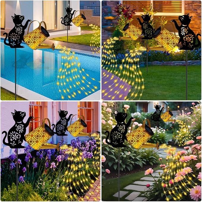 Solar Lights Outdoor Decorative, Watering Can with Cascading Lights, with Cat Silhouette Garden Stakes, Waterproof Metal Garden Decor for Yard Art, Outside, Patio, Lawn Ornaments-Ruum Studio Home