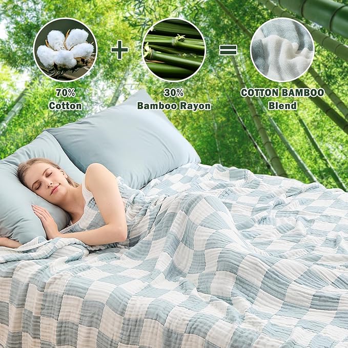 EMME Checkered Cotton Blanket Twin Large 60"x80" 100% Muslin for Couch Breathable Cooling Gauze All Season Soft and Lightweight (Teal)-Ruum Studio Home