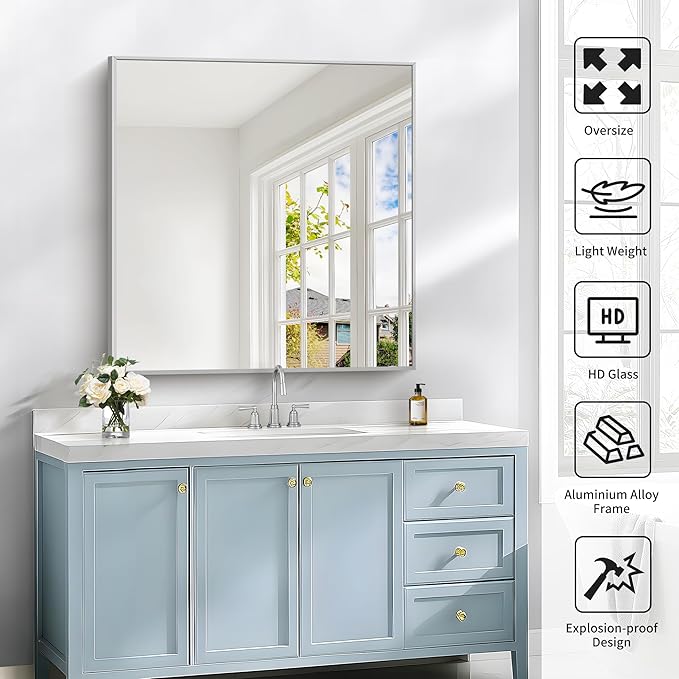 Silver Bathroom Mirror for Wall, 30x30 Inch Rectangle Mirrors with Metal Frame, Modern Vanity Wall Mirror Decor for Bathroom Living Room, Entryway Hangs Horizontal or Vertical-Ruum Studio Home