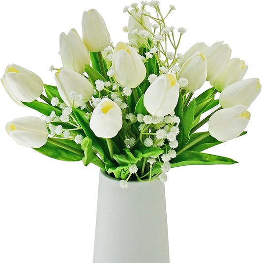 Mandy's Artificial Tulips 20 Stems White with 3pcs White Baby's Breath PU Faux Flowers for Wedding Home Decor 13.5 Inch-Ruum Studio Home