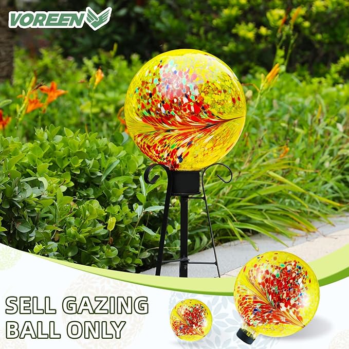 VOREEN 10-Inch Glass Gazing Ball, Outdoor Gazing Globe, Reflective Ball Yard Decoration for Homes, Patio, Lawn and Gardens, Gift for Mom Wife Friend, Phoenix Tail Design, Yellow-Ruum Studio Home