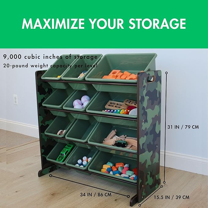Humble Crew Kids Toy Storage Organizer with 12 Plastic Bins, Camo – Removable Bins for Playroom, Bedroom, Toddler Furniture for Boys and Girls Ages-Ruum Studio Home