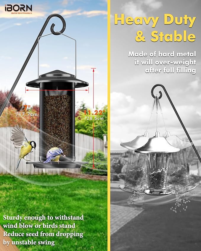 iBorn Bird Feeders for Outdoors, All Metal Mesh Tube, Holding Bird Seed for Outside Feeders,18cm Large Roof, Black, 2.8lb(Seed is not Included)-Ruum Studio Home