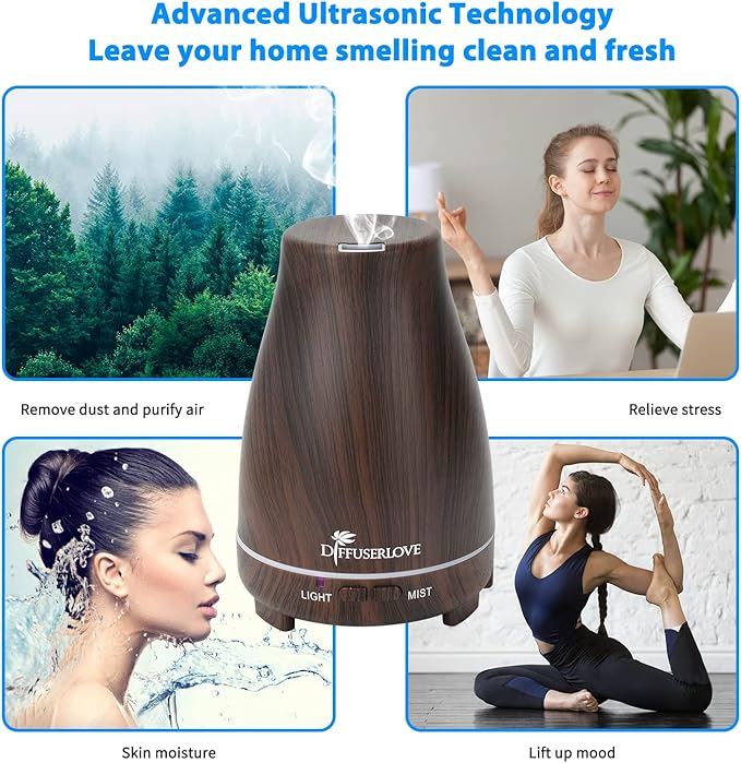 Diffuserlove Essential Oil Diffusers 200ML, Remote Control Aromatherapy Diffuser with 7 Color Lights, Auto Shut-Off for Bedroom Office Kitchen (Black Wood Grain)-Ruum Studio Home