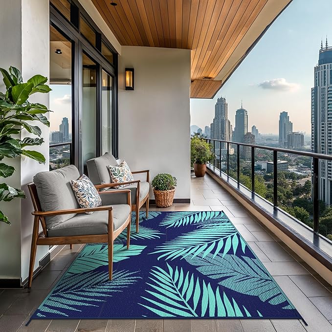 GENIMO Outdoor Rug 8' x 10' Waterproof for Patios Clearance, Reversible Outdoor Plastic Straw Camping Rug Carpet, Large Area Rugs Mats for RV, Camper, Deck, Balcony, Porch, Beach, Navy Blue&Jade Green-Ruum Studio Home
