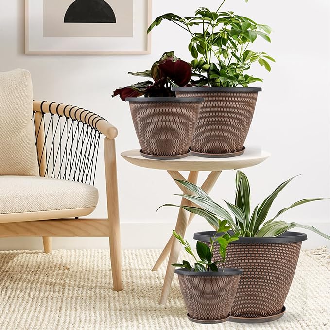 16 inch Plant Pots, Large Planters for Outdoor Plants Set of 4, Round Plastic Flower Pots with Drainage Holes & Trays, Modern Decorative Indoor Garden Pot, Plant Container for House (Black Copper)-Ruum Studio Home