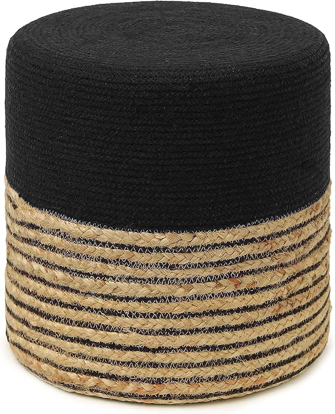 REDEARTH · Cylindrical Pouf Ottoman - Braided Pouffe Accent Sitting Round Footrest for Living Room, Bedroom, Nursery, kidsroom, Patio, Gym; 70% Cotton 30% Jute, (14.5x14.5x16; Black Natural)-Ruum Studio Home