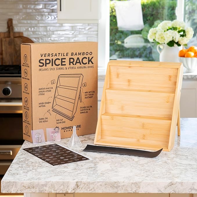 Extra Sturdy 3-Tier Bamboo Spice Rack – 12" W x 10" D x 13" H – Foldable Non-Slip Wooden Spice Organizer for Countertop, Cabinet & Drawer – Includes Labels, Funnel & Hooks – Spice Jars NOT Included-Ruum Studio Home