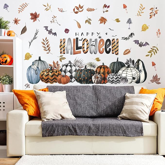clothmile 40.15 x 38.58 Inch Happy Halloween Pumpkins Wall Decals Halloween Leaves Bat Spider Wall Stickers Halloween Removable Wall Sticker for Halloween Party Supplies Home Wall Decor-Ruum Studio Home