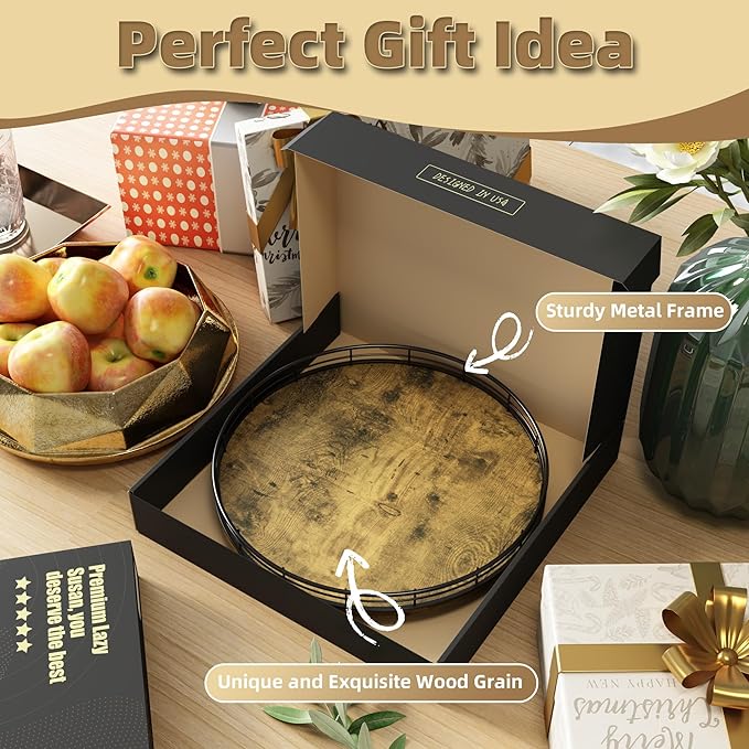 Lazy Susan Turntable Organizer for Table Top, 12’’ Round Wooden Lazy Susan for Cabinet Kitchen Countertop Pantry Dining Coffee Table for Condiments Spices, Rustic Bathroom Vanity Tray for Soap Candle-Ruum Studio Home