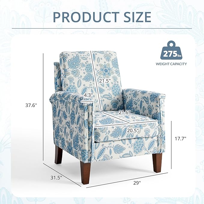 Floral Accent Chair, High Back Upholstered Armchair with Solid Wooden Legs, Padded Armrest and Removable Comfortable Cushioned Seat Single Sofa for Living Room, Bedroom, Blue-Ruum Studio Home