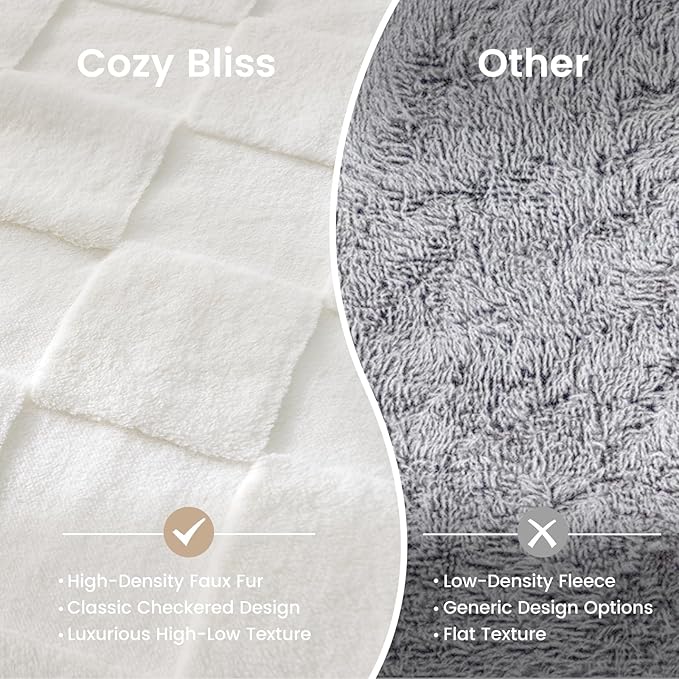Cozy Bliss Checkered White Large Faux Rabbit Fur California King Size Bed Blanket, Soft Fuzzy Fluffy Minky Cream Furry Blankets for Couch, Bed (90 * 108 Inches Ivory)-Ruum Studio Home