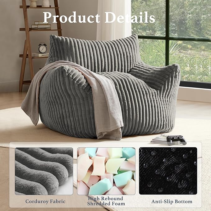 Giant Plush Bean Bag Chair for Adults with Armrests - Oversized Comfy Light Grey Beanbag Lounge Lazy Floor Sofa Accent Chair for Living Room, Bedroom & Dorm, Cozy Fluffy Single Cloud Mini Couch-Ruum Studio Home