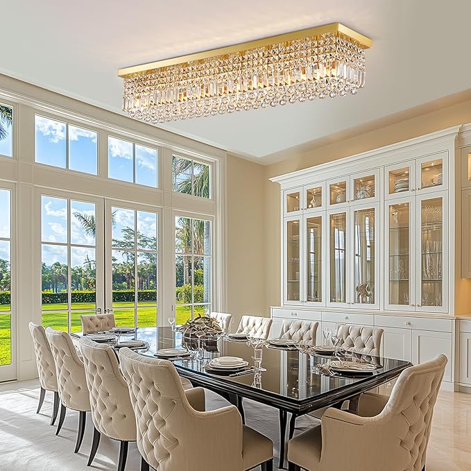 10 Lights Gold Flush Mount Rectangle Chandelier, Modern K9 Crystal Chandeliers Light Fixture Rectangular Raindrop Chandelier Pendant Island Light for Living Dining Room Kitchen Bar L47 Inch-Ruum Studio Home