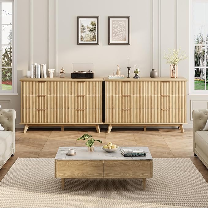 QUW Fluted Dresser for Bedroom with 6 Drawers, 47.2" Wide Modern Chest of Drawers with Metal Handle, Wooden Dresser TV Stand and Closet Clothes Storage Organizer for Living Room, Hallway, Natural Oak-Ruum Studio Home