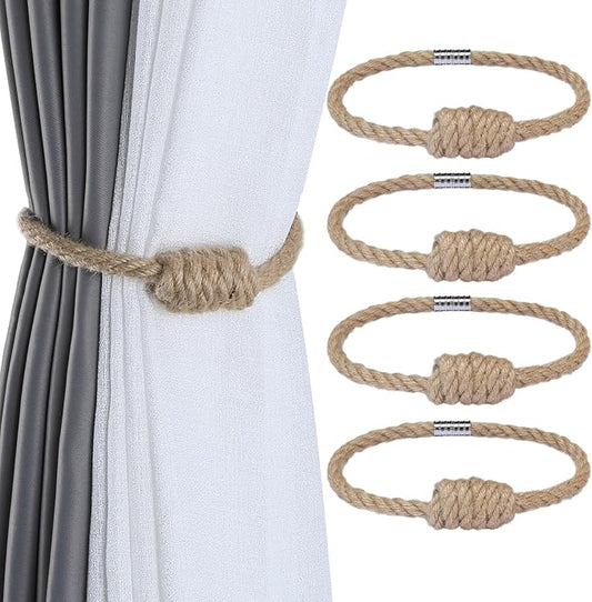 Fenghuangwu 4Pack Magnetic Jute Curtain Tiebacks – Bohemian Style Handmade Woven Tie-Backs for Drapes,Elegant Exquisite Knot Holdbacks,Outdoor Boho & Modern Home Decor-Ruum Studio Home