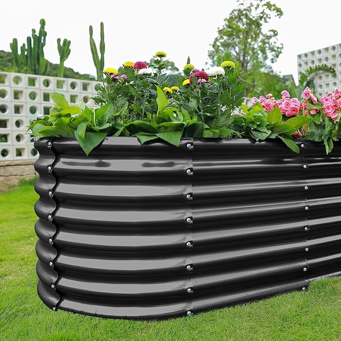 Land Guard Galvanized Planter Raised Beds, 6×3×2ft Galvanized Water Trough, Keyhole Raised Garden Bed Metal (Dark Gray)-Ruum Studio Home