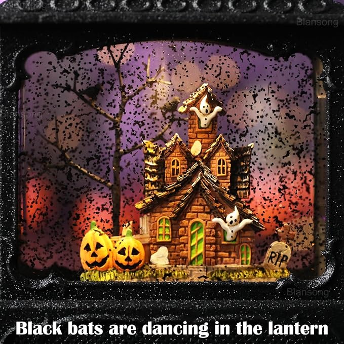 Halloween Snow Globe Lantern Ghost Snow Globe Halloween Decorations for Home Haunted House Pumpkin Ghost Tree Crow Rip Dancing Bats with Timer, USB and Battery Powered 12 inch-Ruum Studio Home