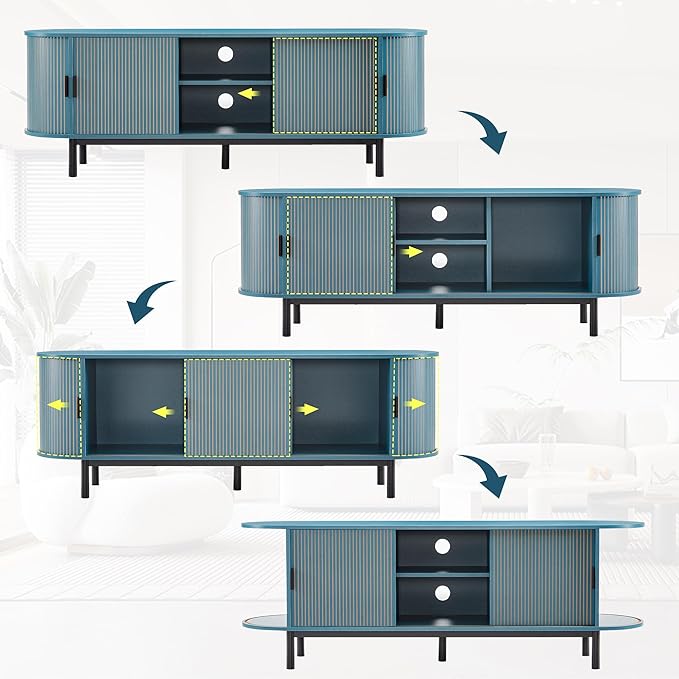 62" Tambour Door TV Stand,Wood Mid Century Modern TV Cabinet for Up to 75“ TV,Curved Edge Long TV Stand with Storage for Bedroom Living Room(62.2inch,Blue)-Ruum Studio Home