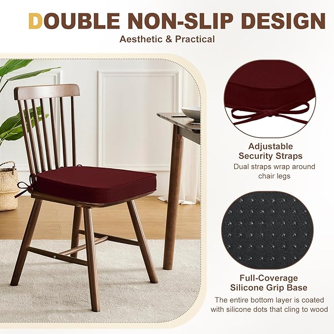 downluxe Chair Cushions for Dining Chairs, Waterproof Kitchen Chair Pads, Non-Slip Dining Seat Cushion with Ties, 17" x 16" x 2.5", Burgundy, 4 Pack-Ruum Studio Home