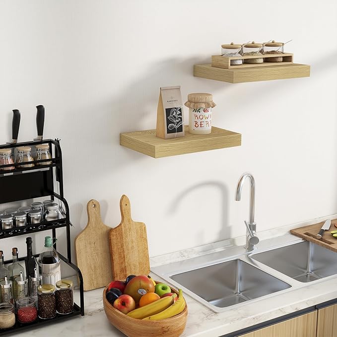Fun Memories Floating Shelves for Wall - 10 x 16 Floating Shelf - Rustic Wood Storage Shelf - Wall Shelves with Invisible Bracket - 16" Bookshelves for Living Room & Bedroom - Oak - Set of 2-Ruum Studio Home