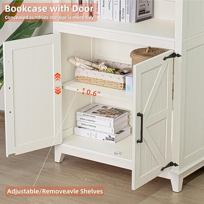 5 Tier Bookshelf 70in Tall Bookcase with Barn Doors and Storage Cabinet, White Farmhouse Book Shelf with Adjustable Shelves, Wood Freestanding Display Bookshelves for Bedroom, Living Room-Ruum Studio Home