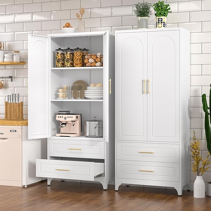 Kitchen Pantry Cabinet, 75" Tall Metal Pantry Cabinet with Two Drawers, Food Cupboards with Doors and Shelves, Freestanding Storage Cabinets for Dining, Living Room, White, Assemble Required-Ruum Studio Home