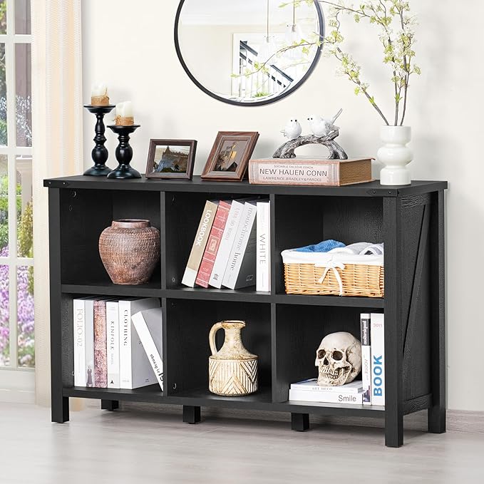 6 Cube Bookcase, Farmhouse Wood Low Storage Organizer Book Shelf, Black 47" Horizontal Console Bookshelf with Legs, Hallway Book Case for Entryway, Display Cabinet for Living Room, Office-Ruum Studio Home