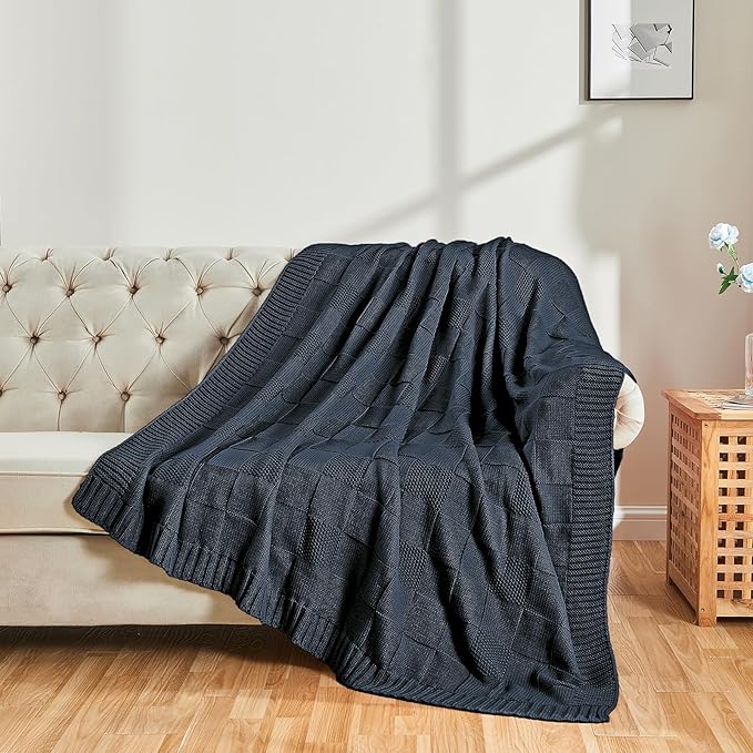 CozeCube Check Knit Throw Blanket, Midnight Navy Checkered Throw for Couch, Decorative Christmas Soft Cozy Warm Knitted Blanket for Bed Sofa Living Room, 50"X60"-Ruum Studio Home