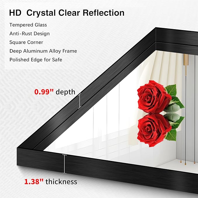 Black Bathroom Mirror, 36x55 Inch Rectangular Deep Frame Mirror, Large Wall Mounted Bathroom Vanity Mirror Over Sink for Bedroom,Restroom, Living Room, Hangs Vertically or Horizontally-Ruum Studio Home