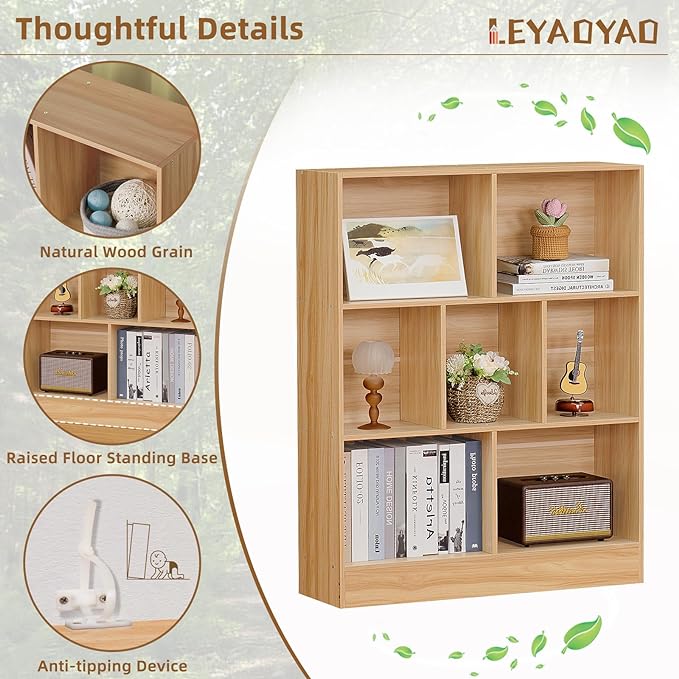 LEYAOYAO 7 Cube Bookshelf with Base,3 Tier Mid-Century Modern Natural Bookcase,Standing Wide Bookshelves Storage Organizer Shelf,Rustic Wood Display Cabinet Book Shelves for Bedroom,Living Room,Office-Ruum Studio Home
