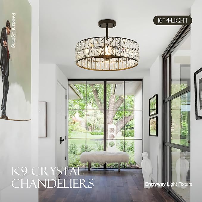 16” 4-Light Modern Crystal Chandeliers Black Dinning Room Light Fixture with Two Rods, Round Pendant Light Kitchen Island Chandelier, Flush Mount Ceiling Light for Living Room Entryway-Ruum Studio Home