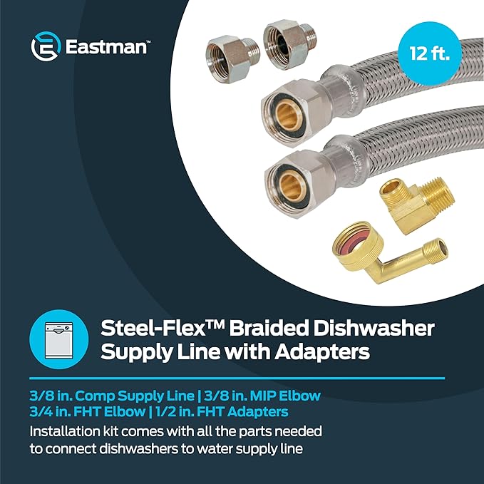Eastman Dishwasher Installation Kit, 12 Foot Hose with Adapters, 3/8 Inch MIP x 3/4 Inch FHT Elbows, Braided Stainless Steel Connectors, 69008-Ruum Studio Home