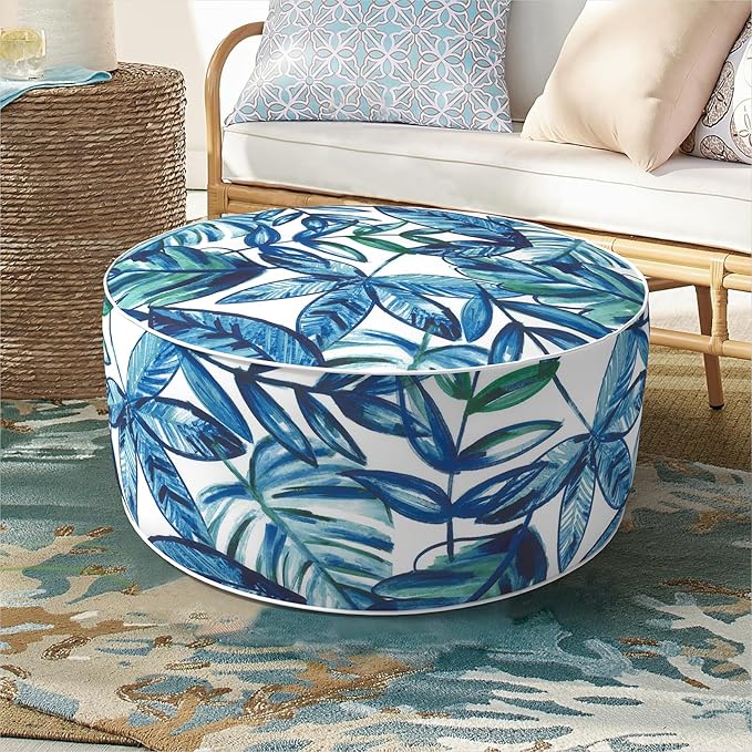 Inflatable Ottoman Stool D21 xH9 for Outdoor/Indoor Use, Water Repellent Patio Foot Rest Stool with Portable Handle,Round Pouf Ottoman Suitable for Garden,Deck and Camping - Leaves Ink Blue-Ruum Studio Home