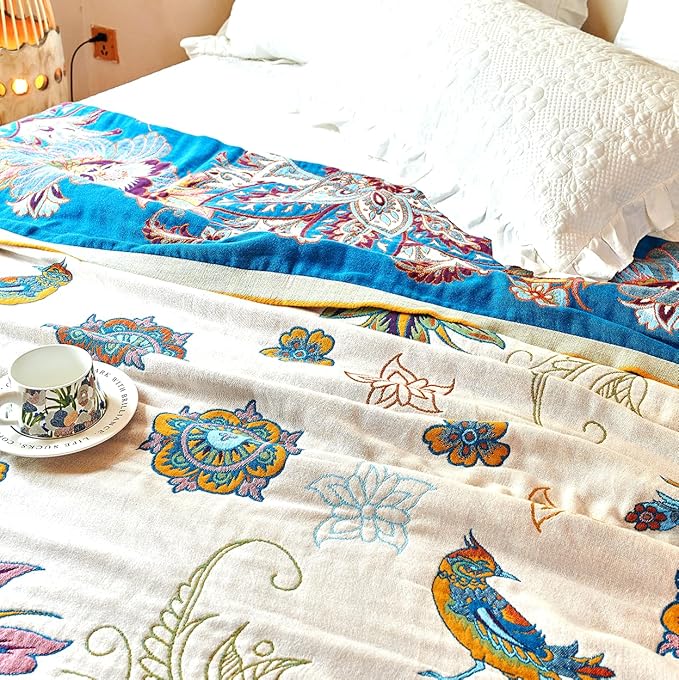 Boho Throw Blanket, 100% Organic Cotton Breathable Ultra Soft Bed Quilt Throw - All Season Floral Bird Butterfly Farmhouse Decor Blanket for Sofa Couch Chair and Gift. 60" x 80"-Ruum Studio Home