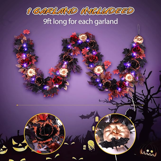 SHareconn 9FT Halloween Garland with Purple Lights Battery Operated and Timer, Pre-Lit Black Red Maple Leaves Lighted Garland Decorations for Fireplace Mantle Centerpiece Indoor Outdoor Decor, 9 FT-Ruum Studio Home