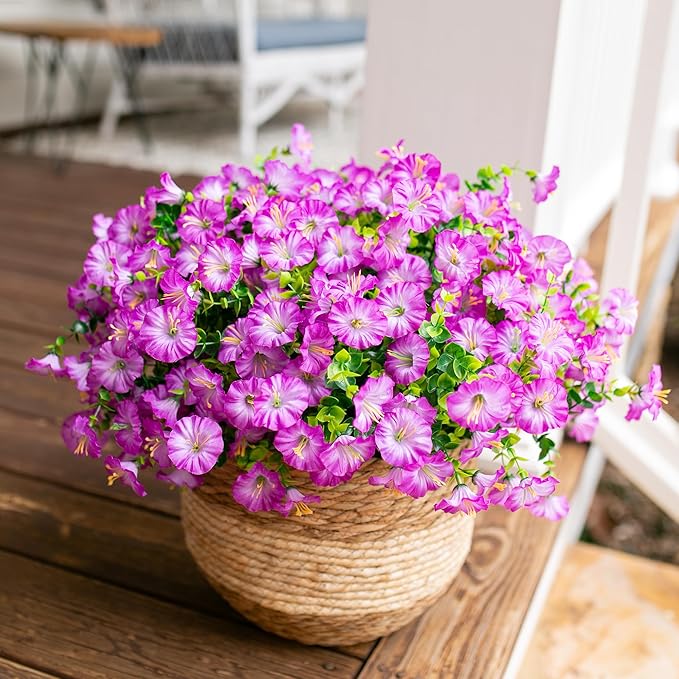 Artificial Flowers for Outdoors Fake Plants Outside Decoration, 12 Bundles Silk Purple Morning Glory UV Resistant Look Real Faux Flowers for Planter Front Door Porch Patio Yard Gardens Home-Ruum Studio Home