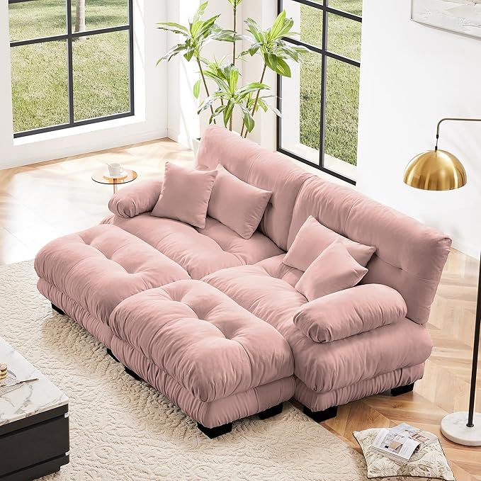 Loveseat Modular Sectional Sofa, U Shaped Couch with Ottoman, Cloud Couch Sectional Couch Home Sofa Living Room Oversized Couch Deep Seat Couch with Round Bolster Armrests 4 Pillows(Pink)-Ruum Studio Home
