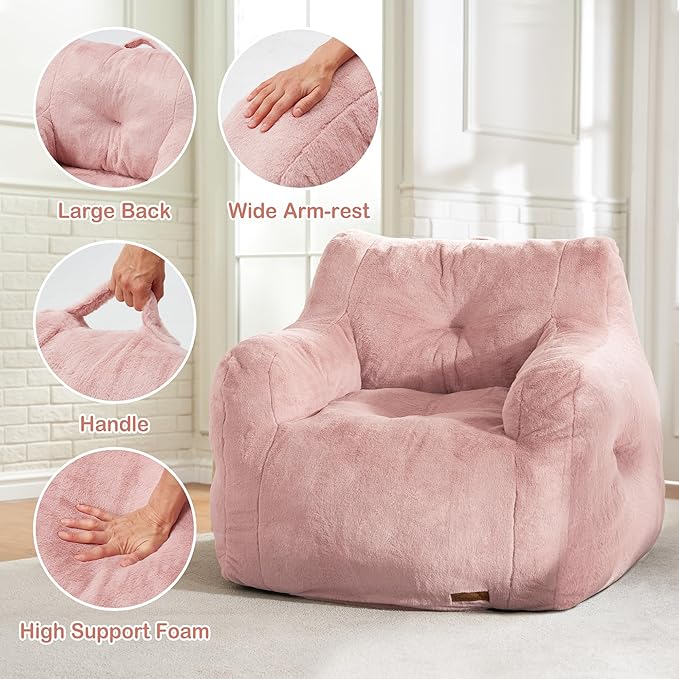 Hobestluk Bean Bag Chair for Adult Small Bean Bag Chairs with Arms Furry Beanbag Chair with Foam Filler Stuffed Bean Bag Sofa for Reading in Bedroom Living Room and Dorms(Pink)-Ruum Studio Home