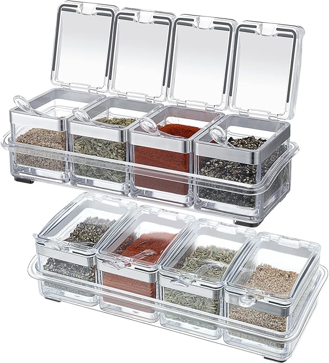 2 Set Acrylic Seasoning Organizer Box 8 Pcs Clear Seasoning Rack Spice Pots Condiments Containers with Lids and Spoons Storage Container Spice Jar for Salt Sugar Cruet Kitchen Cooking Organizer-Ruum Studio Home