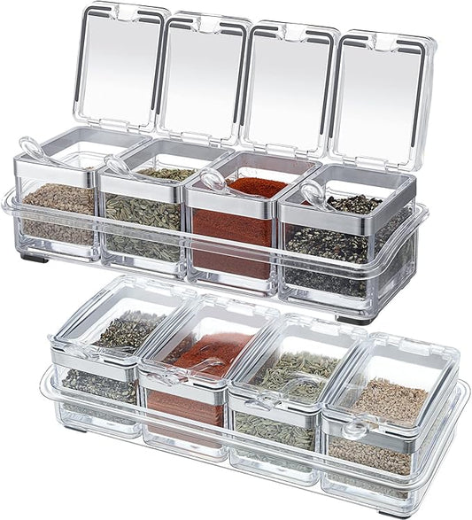 2 Set Acrylic Seasoning Organizer Box 8 Pcs Clear Seasoning Rack Spice Pots Condiments Containers with Lids and Spoons Storage Container Spice Jar for Salt Sugar Cruet Kitchen Cooking Organizer-Ruum Studio Home